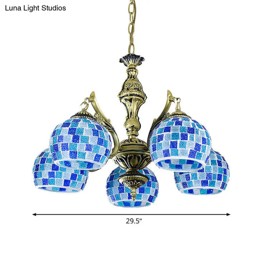 Mediterranean Stained Glass Globe Pendant Light With Blue Lights - Available In 5 9 Or 11