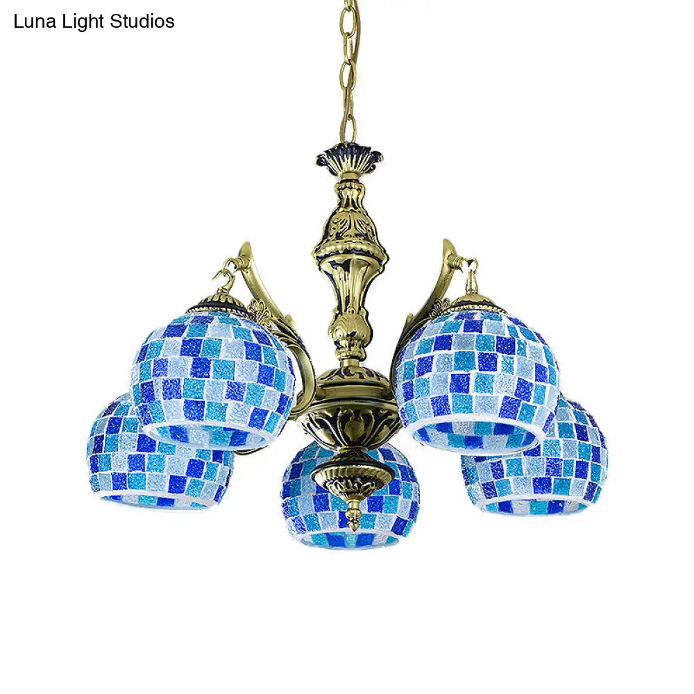 Mediterranean Stained Glass Globe Pendant Light With Blue Lights - Available In 5 9 Or 11