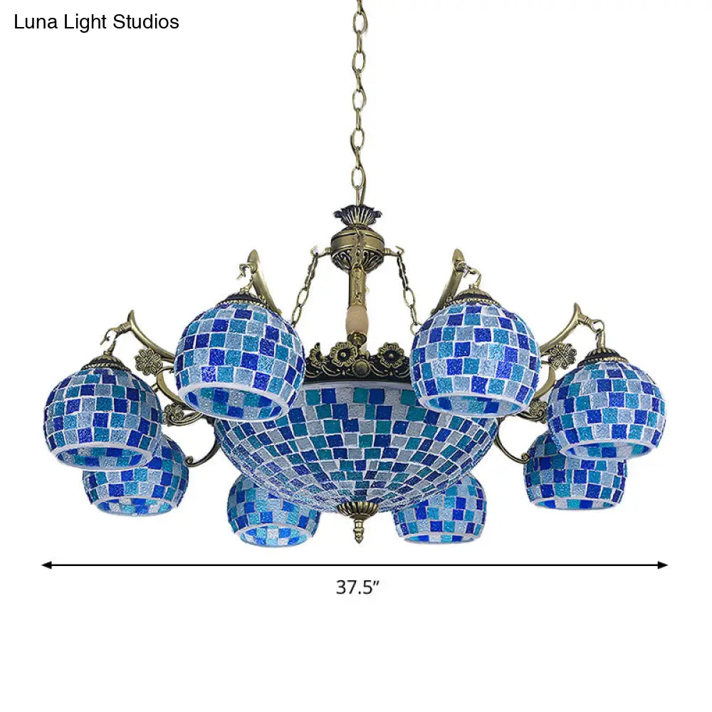 Mediterranean Stained Glass Globe Pendant Light With Blue Lights - Available In 5 9 Or 11