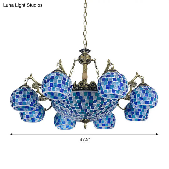 Mediterranean Stained Glass Globe Pendant Light With Blue Lights - Available In 5 9 Or 11