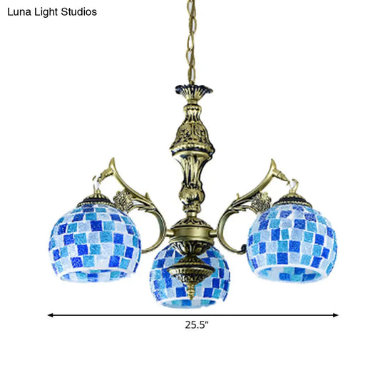 Mediterranean Stained Glass Globe Chandelier With 5/9/11 Blue Pendant Lights - Elegant Hanging Lamp