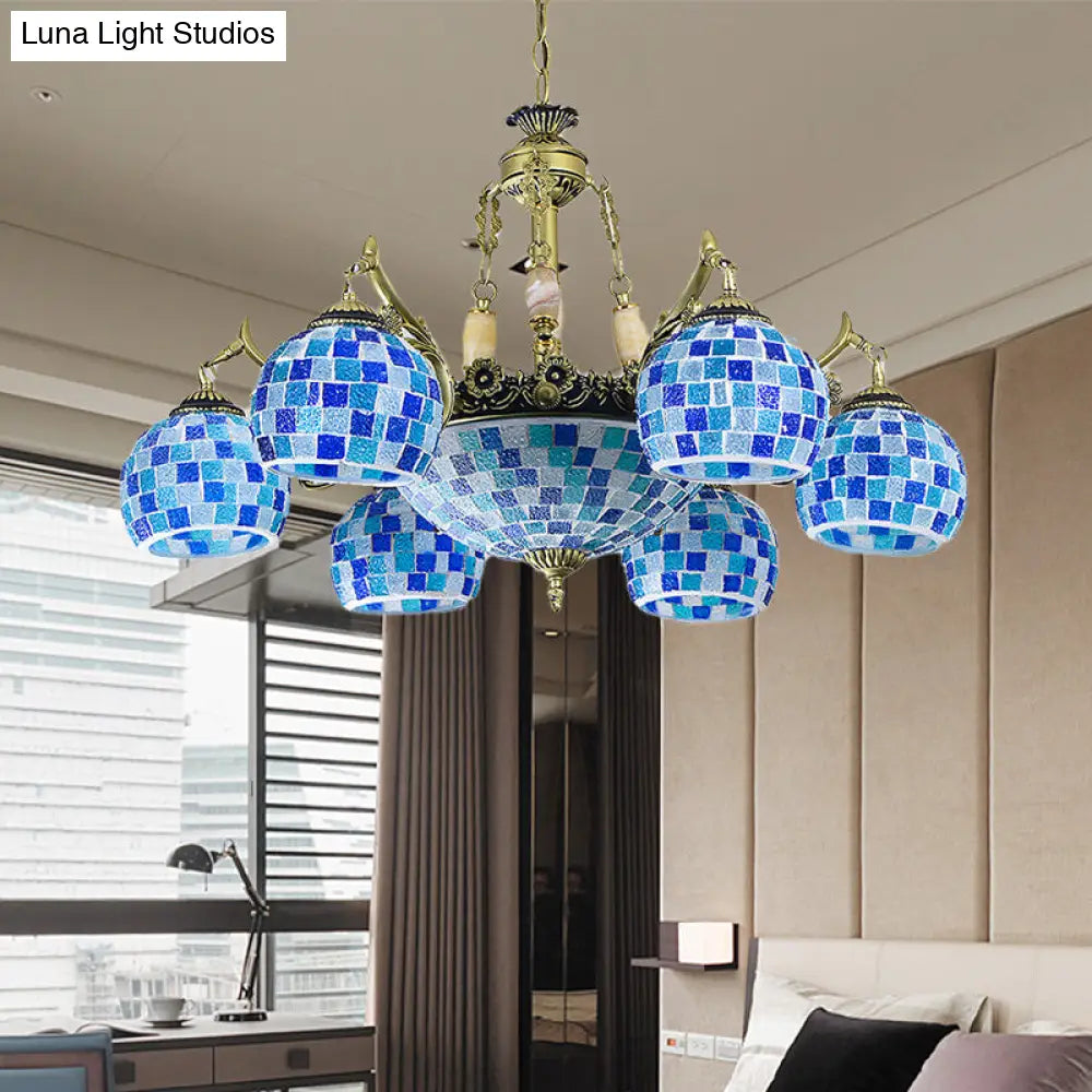 Mediterranean Stained Glass Globe Chandelier With 5/9/11 Blue Pendant Lights - Elegant Hanging Lamp