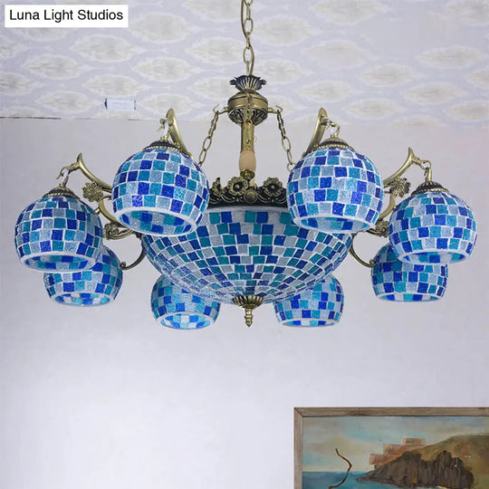 Mediterranean Stained Glass Globe Pendant Light With Blue Lights - Available In 5 9 Or 11