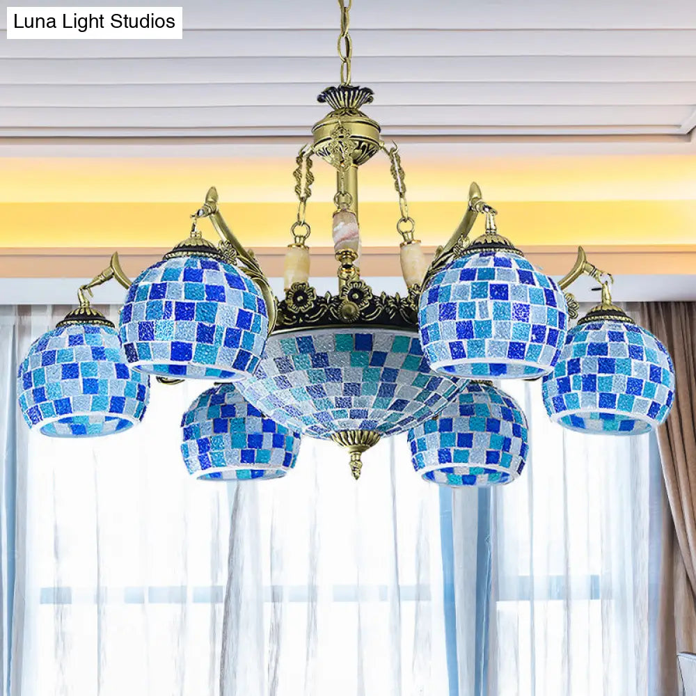 Mediterranean Stained Glass Globe Chandelier With 5/9/11 Blue Pendant Lights - Elegant Hanging Lamp