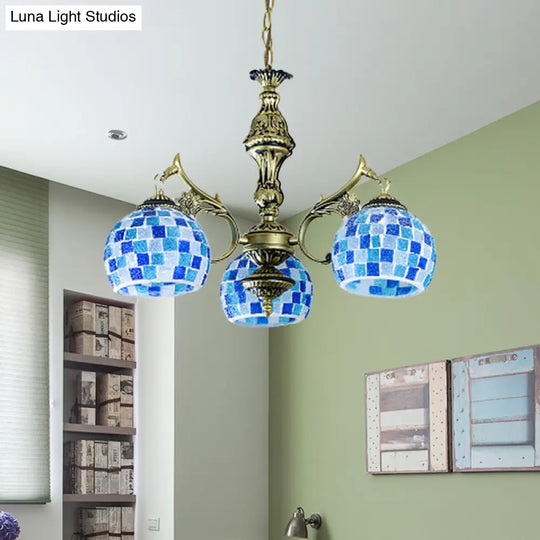 Mediterranean Stained Glass Globe Pendant Light With Blue Lights - Available In 5 9 Or 11