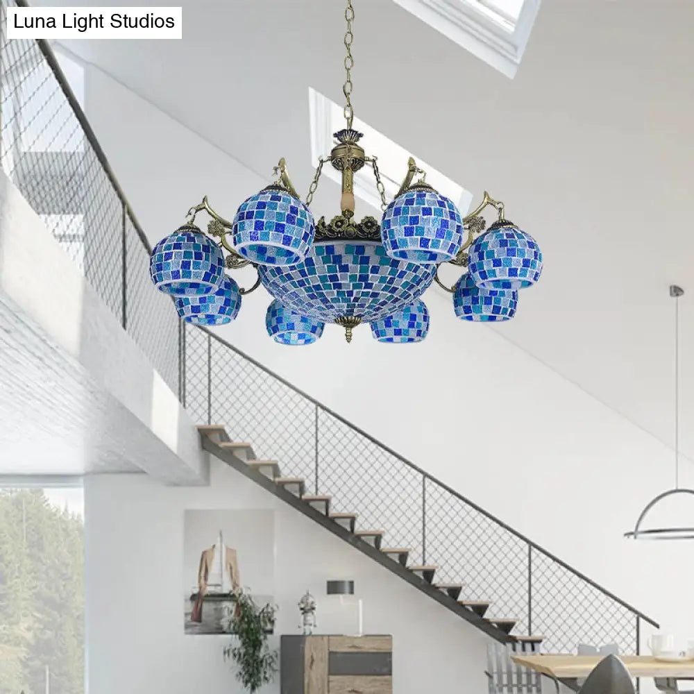 Mediterranean Stained Glass Globe Pendant Light With Blue Lights - Available In 5 9 Or 11