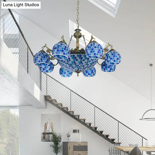 Mediterranean Stained Glass Globe Pendant Light With Blue Lights - Available In 5 9 Or 11