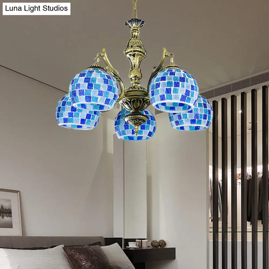 Mediterranean Stained Glass Globe Pendant Light With Blue Lights - Available In 5 9 Or 11