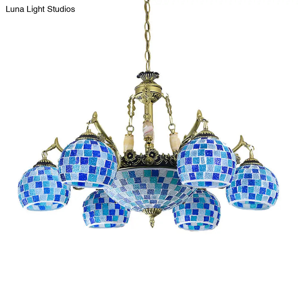 Mediterranean Stained Glass Globe Pendant Light With Blue Lights - Available In 5 9 Or 11