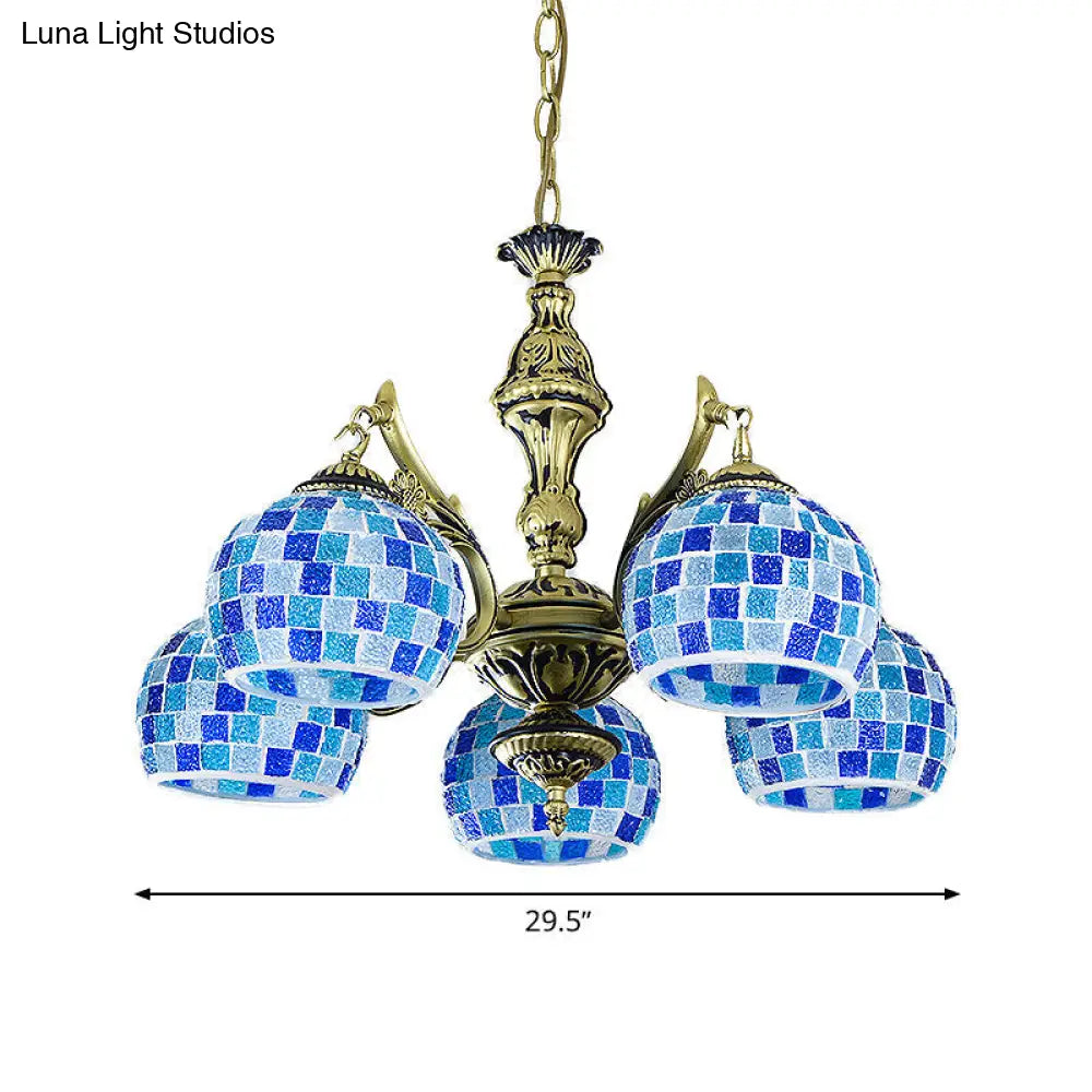 Mediterranean Stained Glass Globe Chandelier With 5/9/11 Blue Pendant Lights - Elegant Hanging Lamp