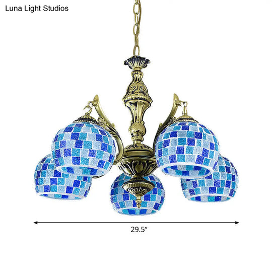 Mediterranean Stained Glass Globe Chandelier With 5/9/11 Blue Pendant Lights - Elegant Hanging Lamp