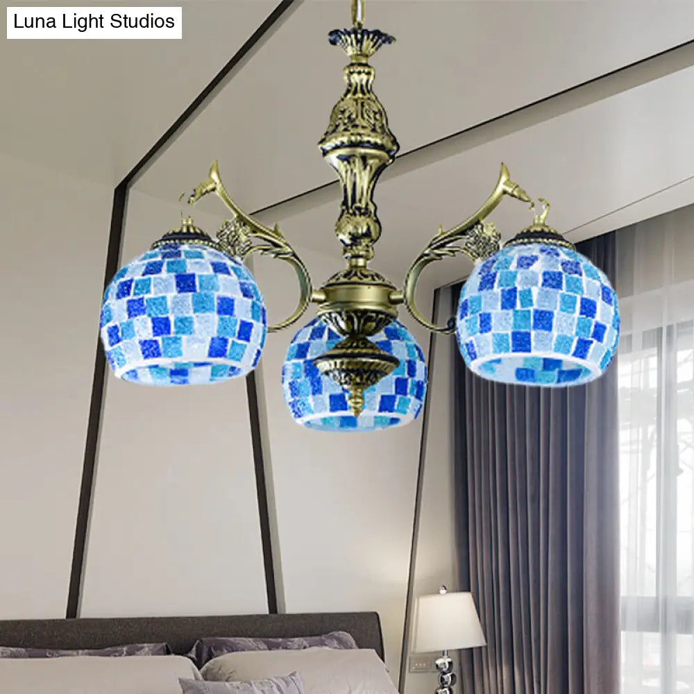 Mediterranean Stained Glass Globe Chandelier With 5/9/11 Blue Pendant Lights - Elegant Hanging Lamp