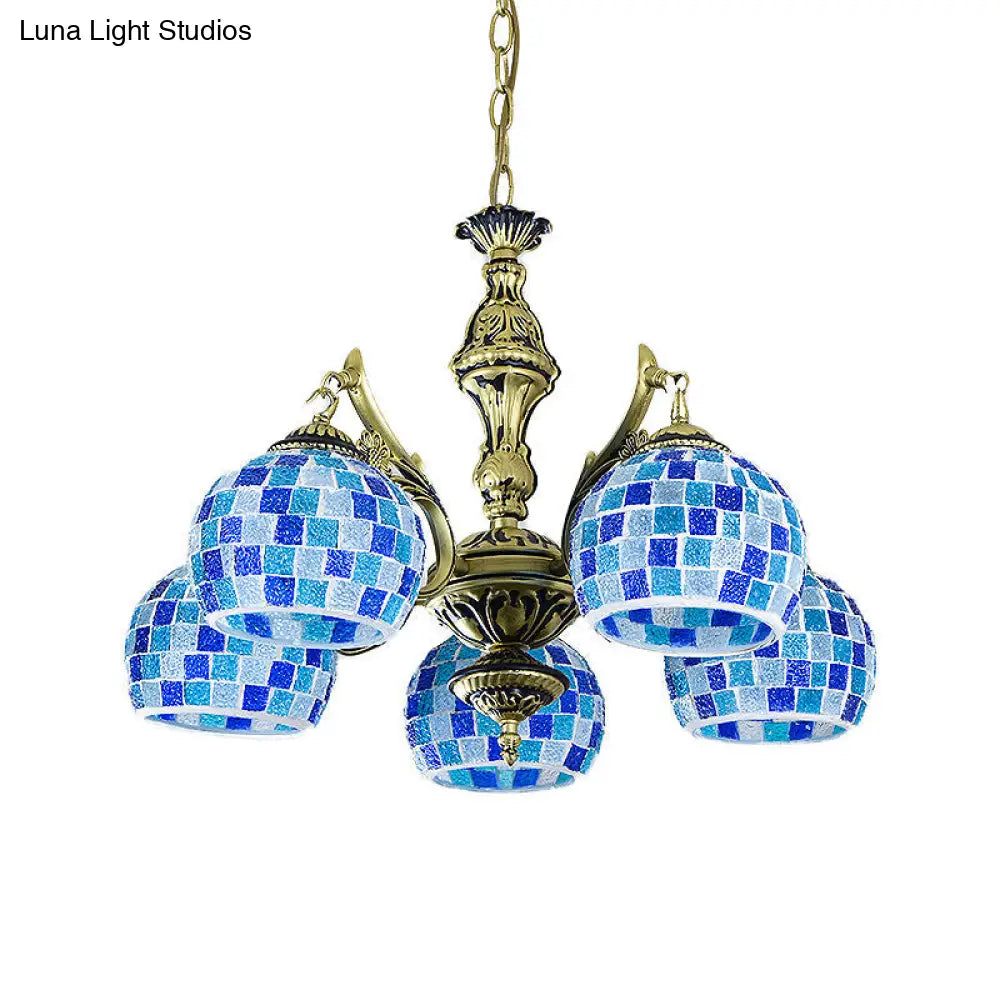 Mediterranean Stained Glass Globe Chandelier With 5/9/11 Blue Pendant Lights - Elegant Hanging Lamp