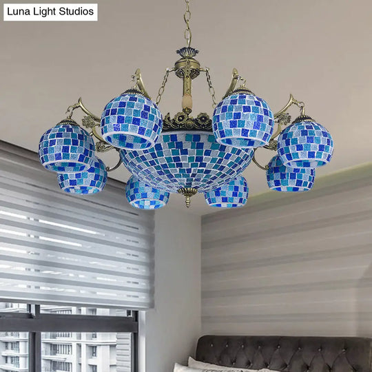 Mediterranean Stained Glass Globe Chandelier With 5/9/11 Blue Pendant Lights - Elegant Hanging Lamp