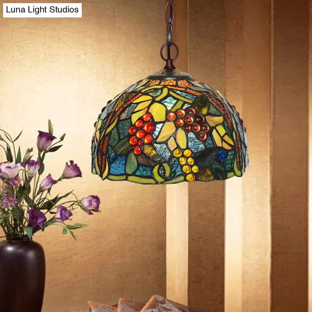 Mediterranean Stained Glass Hanging Light - Green Dome 8’/12’ Bronze Pendant
