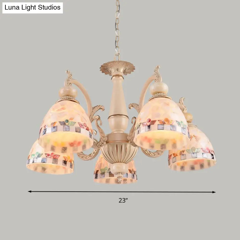 Mediterranean Stained Glass Pendant Chandelier - Beige Mosaic Lamp For Living Room (3/5/9 Lights)