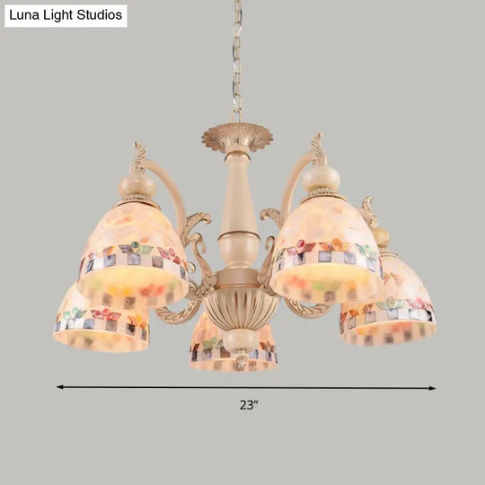 Mediterranean Stained Glass Pendant Chandelier - Beige Mosaic Lamp For Living Room (3/5/9 Lights)