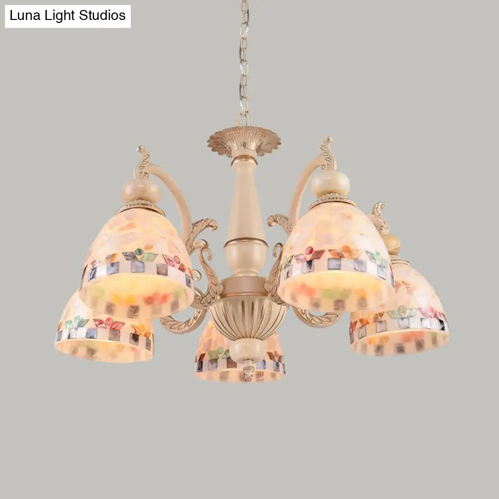 Mediterranean Stained Glass Pendant Chandelier - Beige Mosaic Lamp For Living Room (3/5/9 Lights)