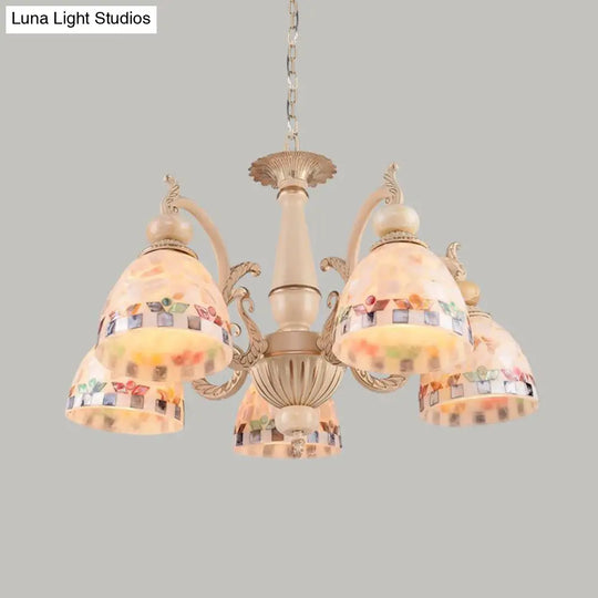 Mediterranean Stained Glass Pendant Chandelier - Beige Mosaic Lamp For Living Room (3/5/9 Lights)