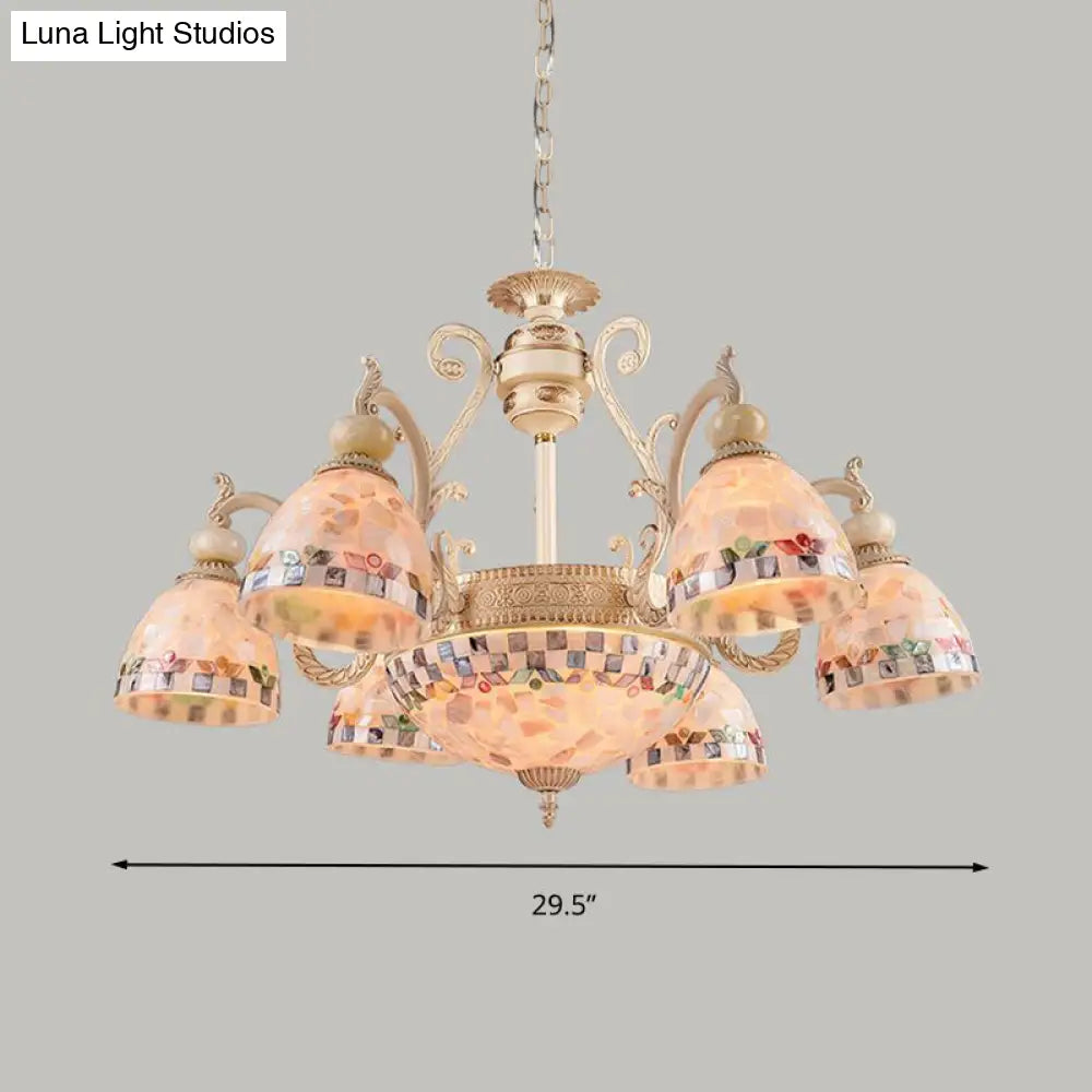 Mediterranean Stained Glass Pendant Chandelier - Beige Mosaic Lamp For Living Room (3/5/9 Lights)