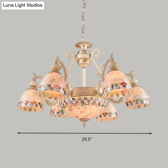 Mediterranean Stained Glass Pendant Chandelier - Beige Mosaic Lamp For Living Room (3/5/9 Lights)