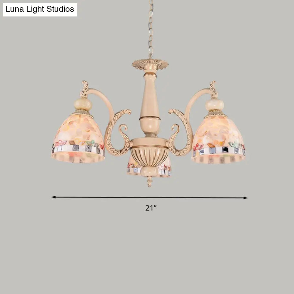 Mediterranean Stained Glass Pendant Chandelier - Beige Drop Lamp For Living Room