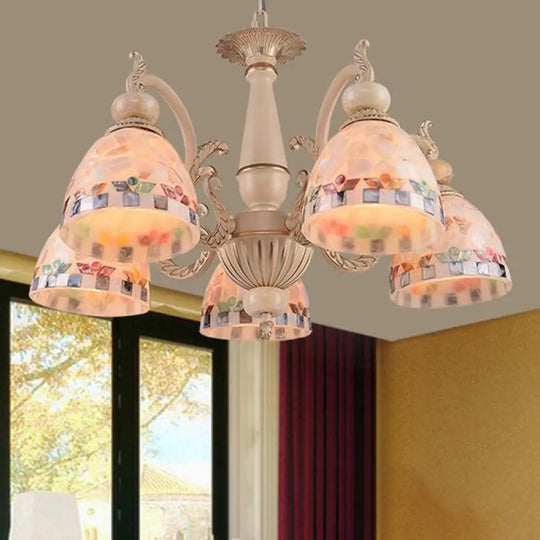 Mediterranean Stained Glass Pendant Chandelier - Beige Mosaic Lamp For Living Room (3/5/9 Lights) 5