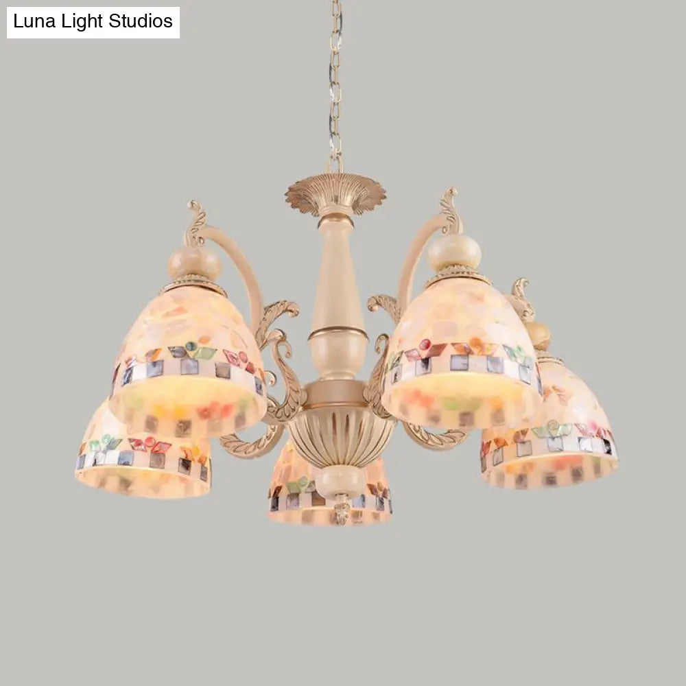 Mediterranean Stained Glass Pendant Chandelier - Beige Drop Lamp For Living Room