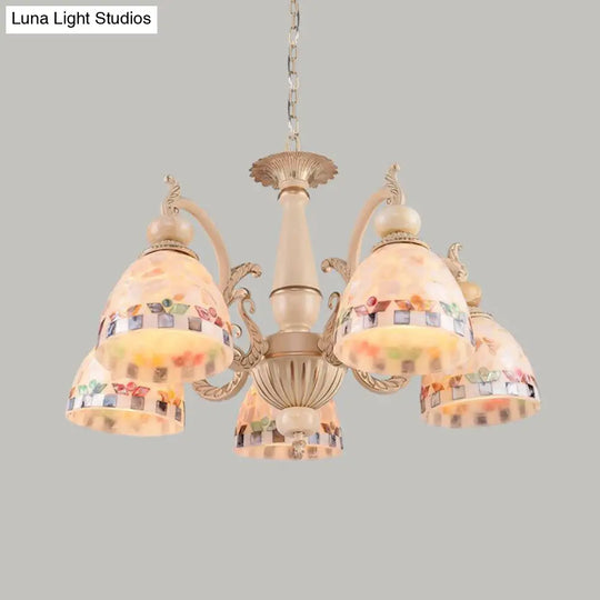 Mediterranean Stained Glass Pendant Chandelier - Beige Drop Lamp For Living Room