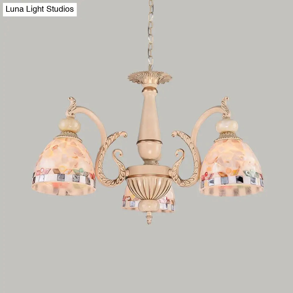 Mediterranean Stained Glass Pendant Chandelier - Beige Mosaic Lamp For Living Room (3/5/9 Lights)