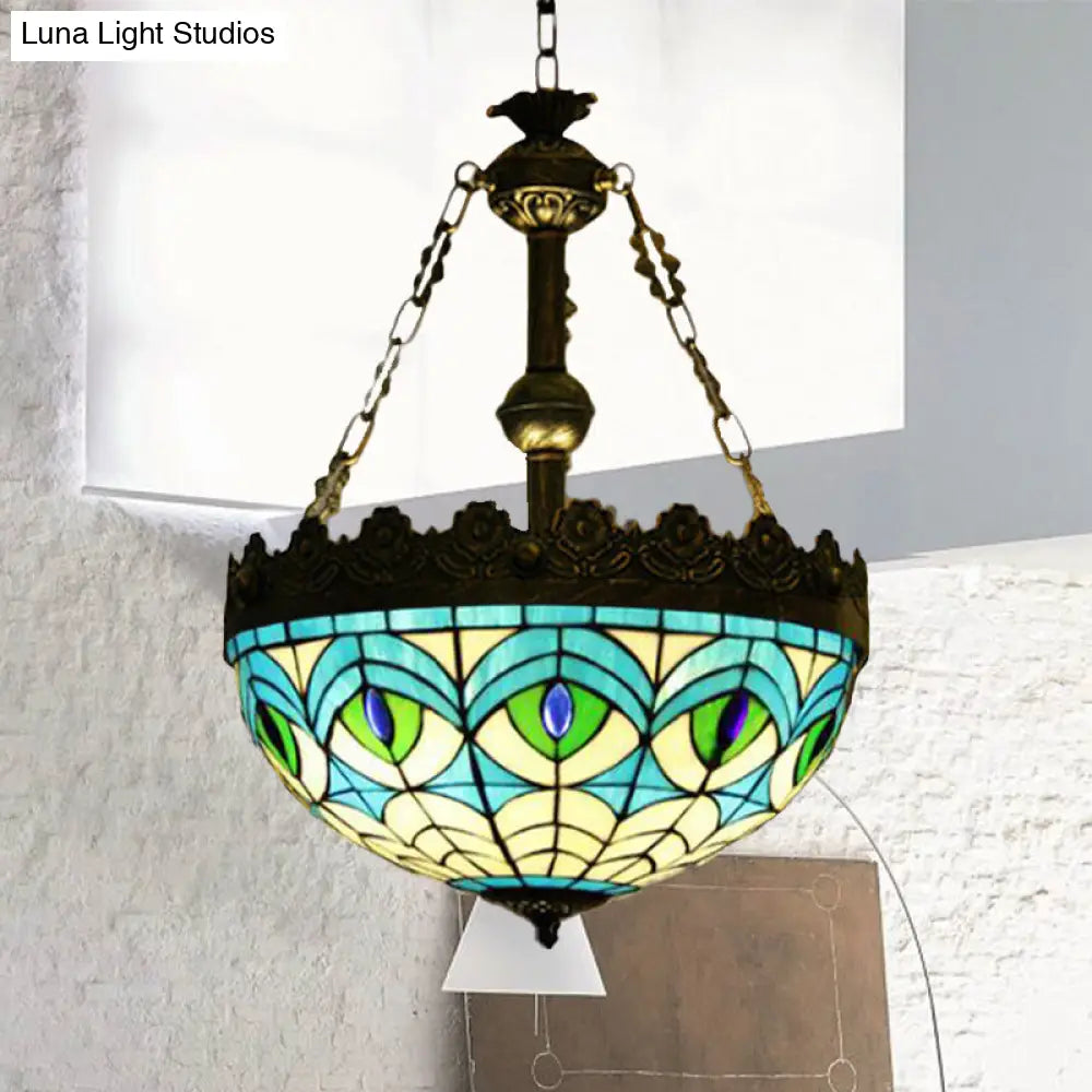 Dragonfly Heart Geometric Stained Glass Pendant Light - 3-Light Hanging Chandelier In Antique Brass