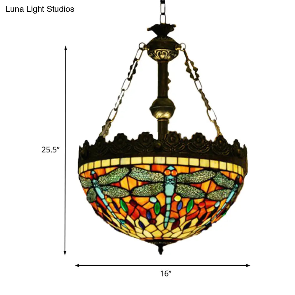 Mediterranean Stained Glass Pendant Chandelier With 3 Antique Brass Lights - Dragonfly Heart And