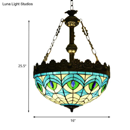 Mediterranean Stained Glass Pendant Chandelier With 3 Antique Brass Lights - Dragonfly Heart And