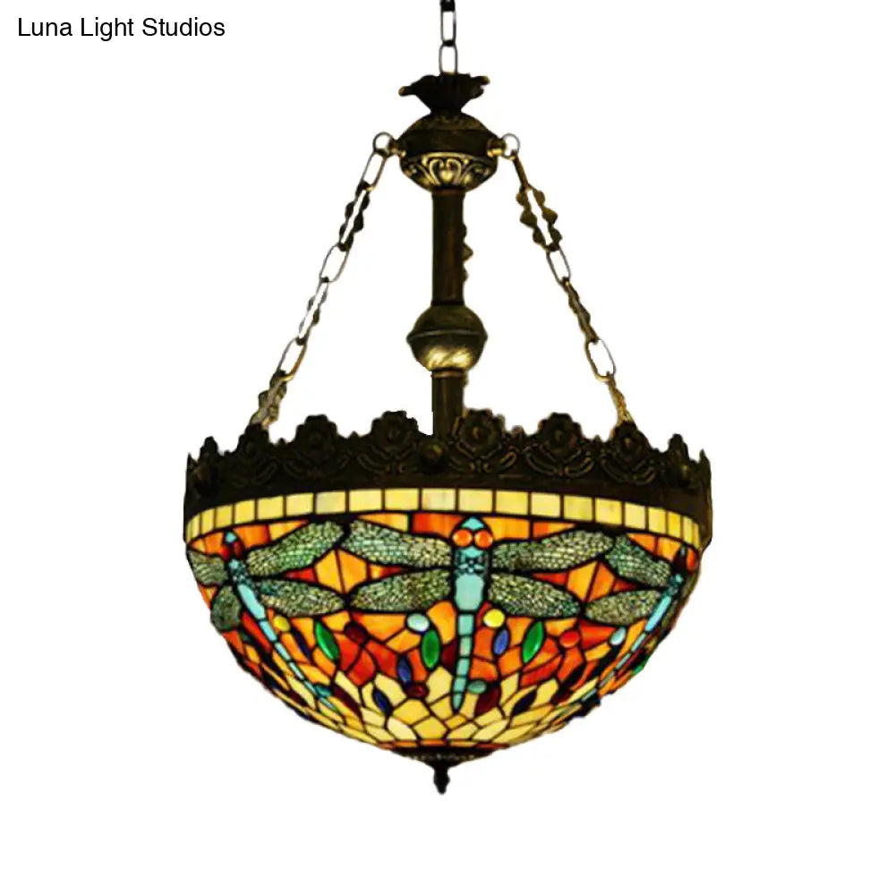 Mediterranean Stained Glass Pendant Chandelier With 3 Antique Brass Lights - Dragonfly Heart And