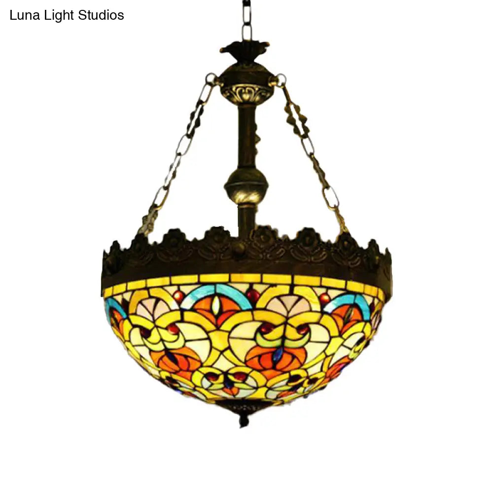 Mediterranean Stained Glass Pendant Chandelier With 3 Antique Brass Lights - Dragonfly Heart And