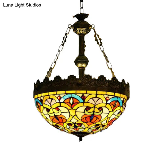 Mediterranean Stained Glass Pendant Chandelier With 3 Antique Brass Lights - Dragonfly Heart And