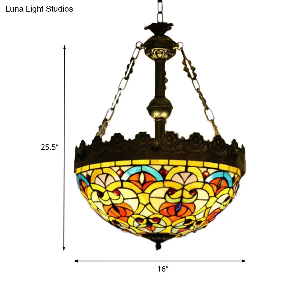 Mediterranean Stained Glass Pendant Chandelier With 3 Antique Brass Lights - Dragonfly Heart And