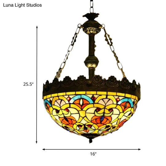 Mediterranean Stained Glass Pendant Chandelier With 3 Antique Brass Lights - Dragonfly Heart And