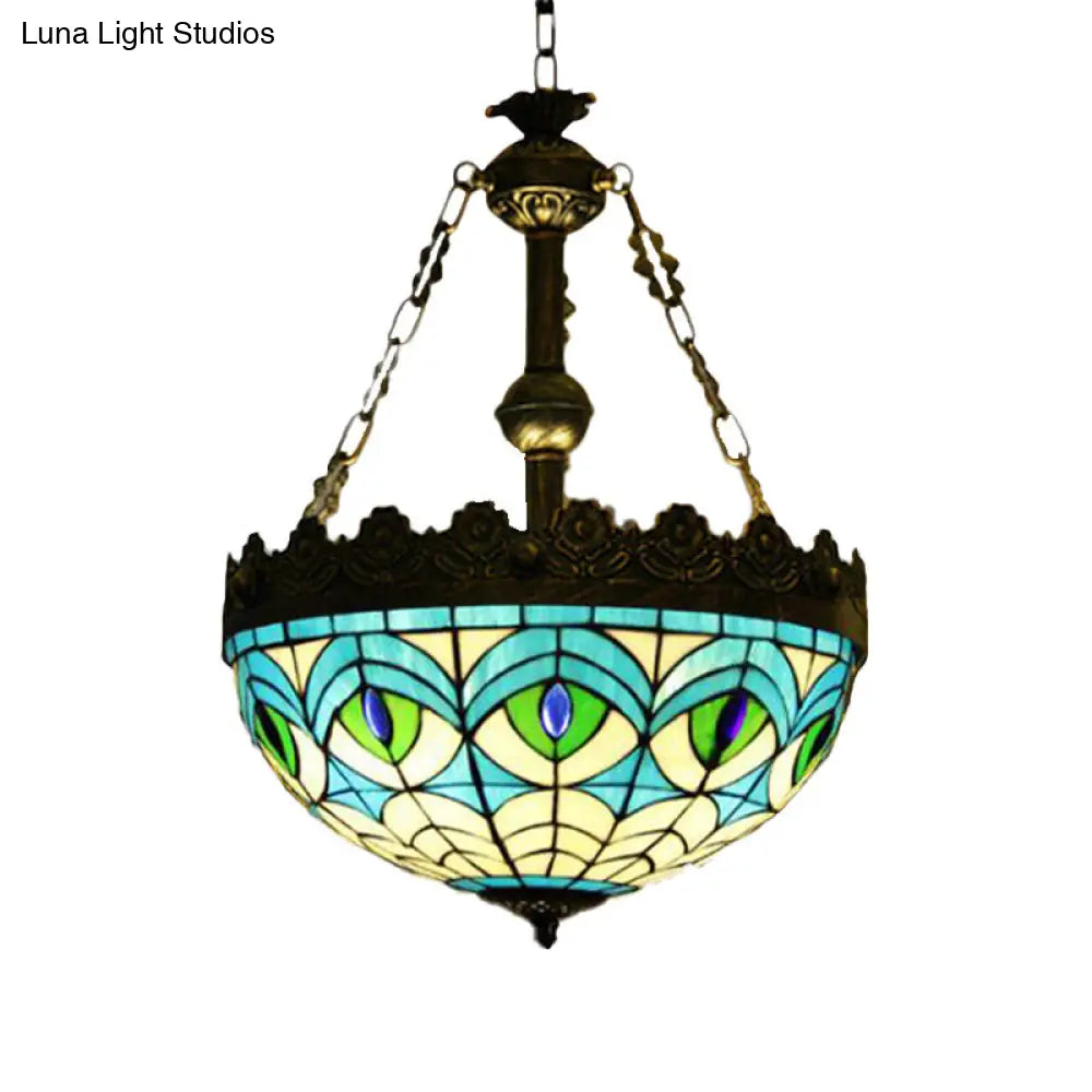 Dragonfly Heart Geometric Stained Glass Pendant Light - 3-Light Hanging Chandelier In Antique Brass