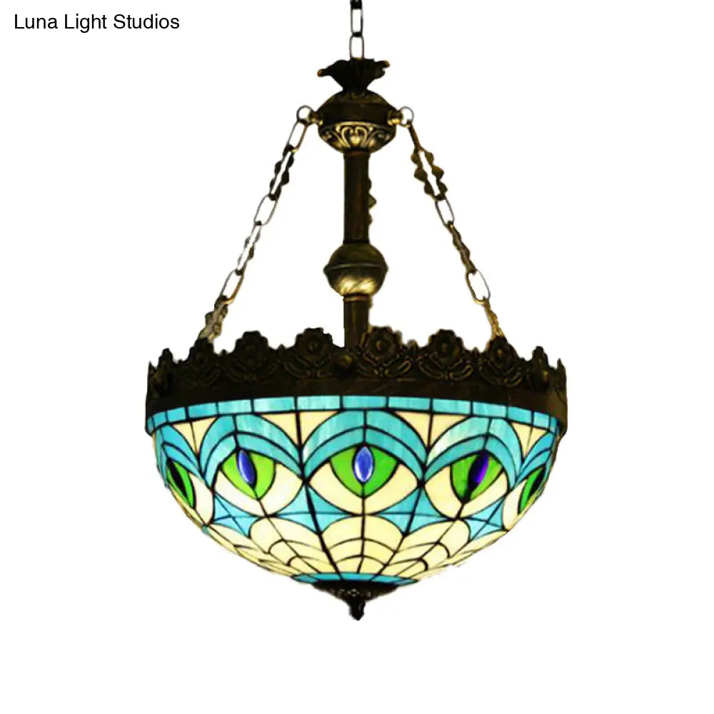 Mediterranean Stained Glass Pendant Chandelier With 3 Antique Brass Lights - Dragonfly Heart And