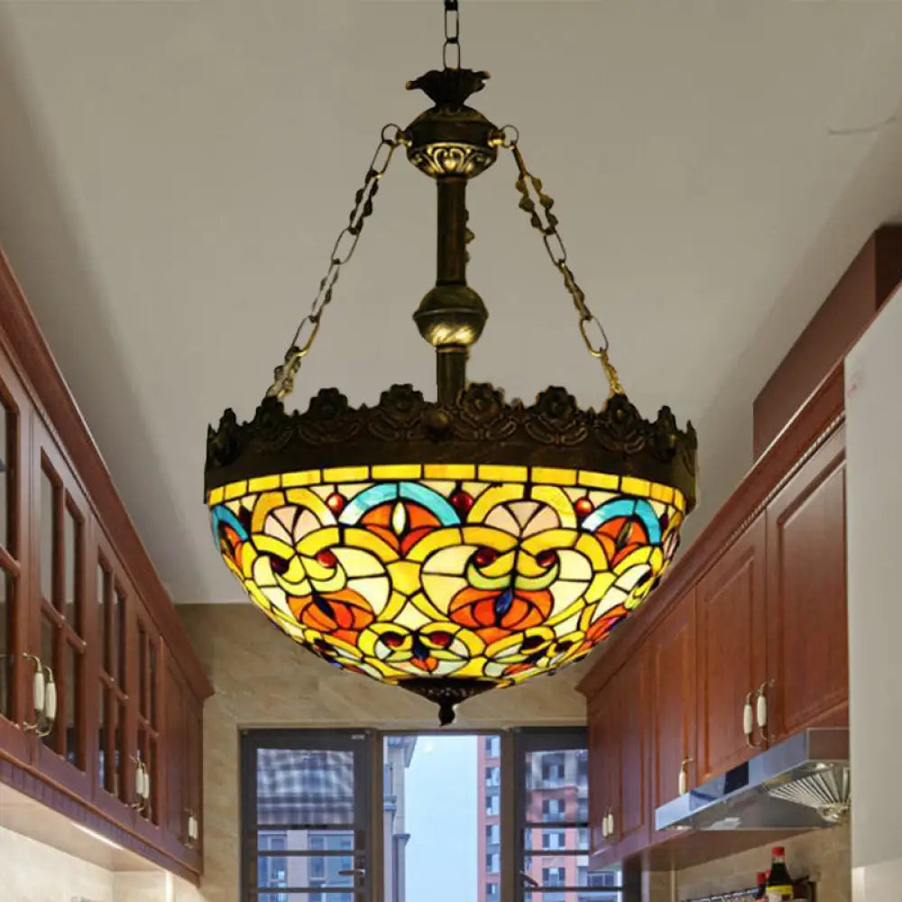 Mediterranean Stained Glass Pendant Chandelier With 3 Antique Brass Lights - Dragonfly Heart And