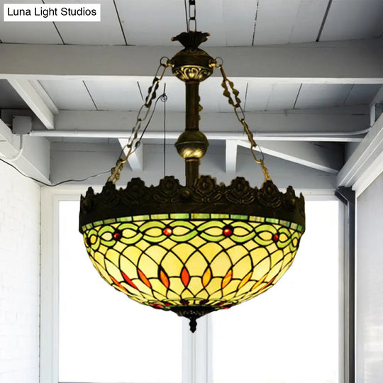 Dragonfly Heart Geometric Stained Glass Pendant Light - 3-Light Hanging Chandelier In Antique Brass