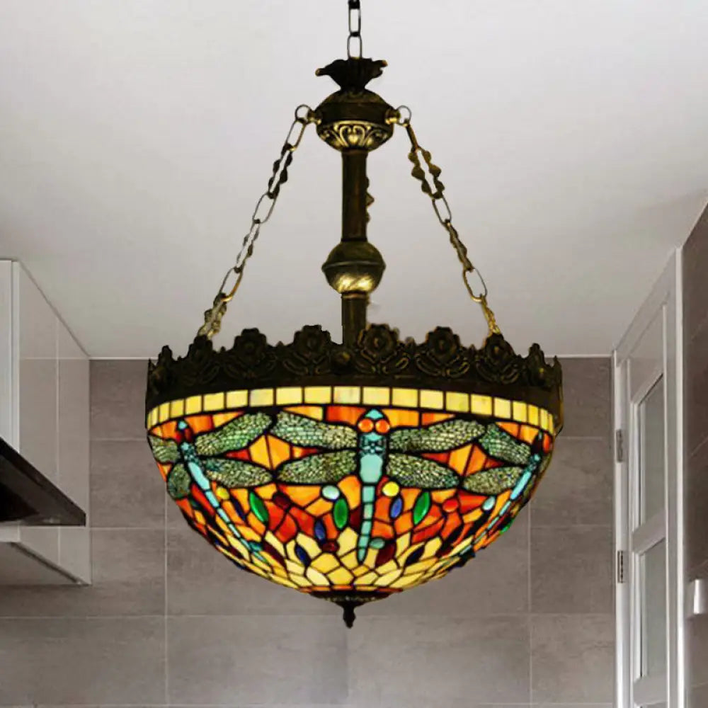 Mediterranean Stained Glass Pendant Chandelier With 3 Antique Brass Lights - Dragonfly Heart And