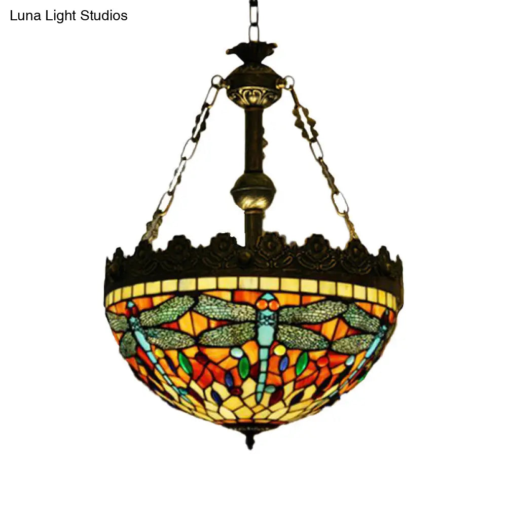 Dragonfly Heart Geometric Stained Glass Pendant Light - 3-Light Hanging Chandelier In Antique Brass