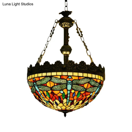 Dragonfly Heart Geometric Stained Glass Pendant Light - 3-Light Hanging Chandelier In Antique Brass