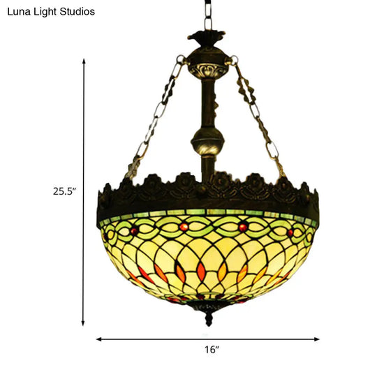 Dragonfly Heart Geometric Stained Glass Pendant Light - 3-Light Hanging Chandelier In Antique Brass