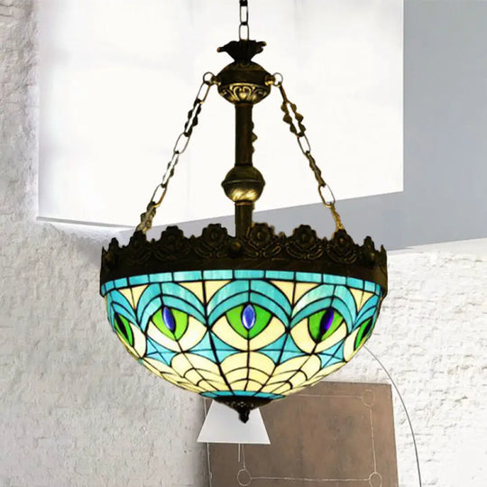 Mediterranean Stained Glass Pendant Chandelier With 3 Antique Brass Lights - Dragonfly Heart And