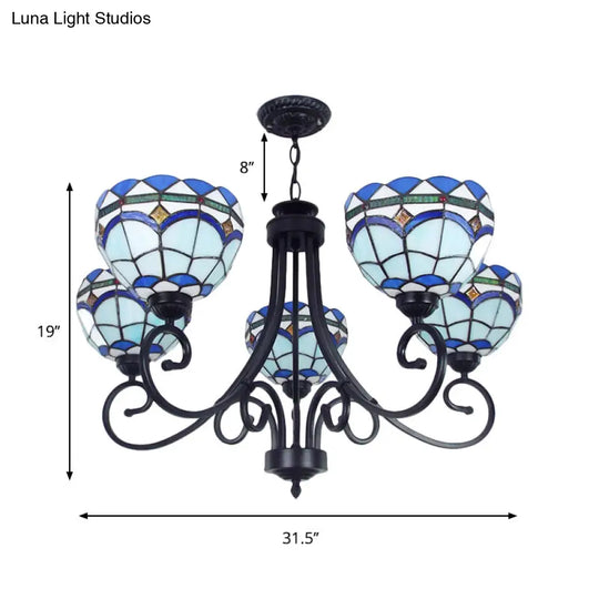 5-Light Stained Glass Mediterranean Bowl Pendant In Blue