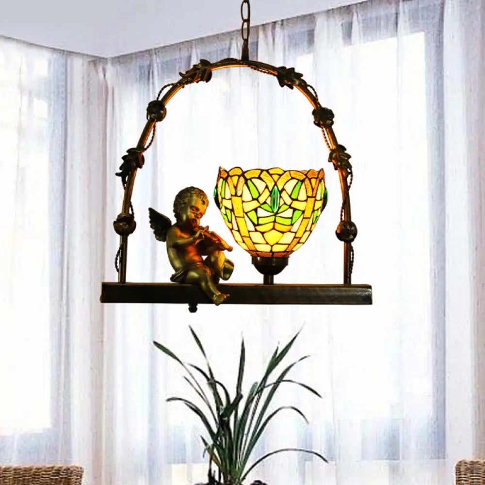 Mediterranean Stained Glass Pendant Light With Angel Deco - Red/Green Green