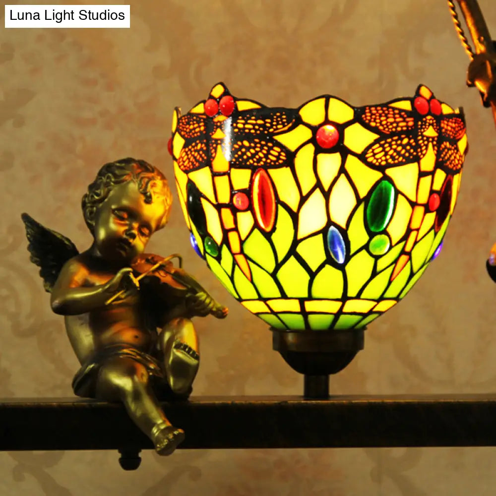 Mediterranean Stained Glass Pendant Light With Angel Deco - Red/Green
